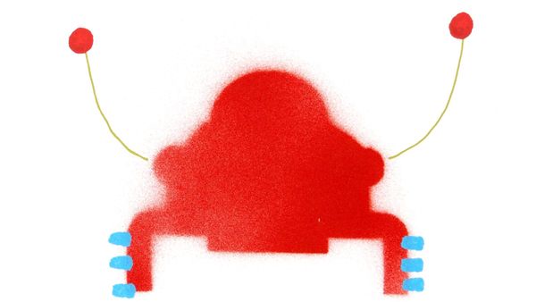 Un bizzaro suppellettile tecnologico a forma di robot di colore rosso. Disegno di Pietro Corraini.