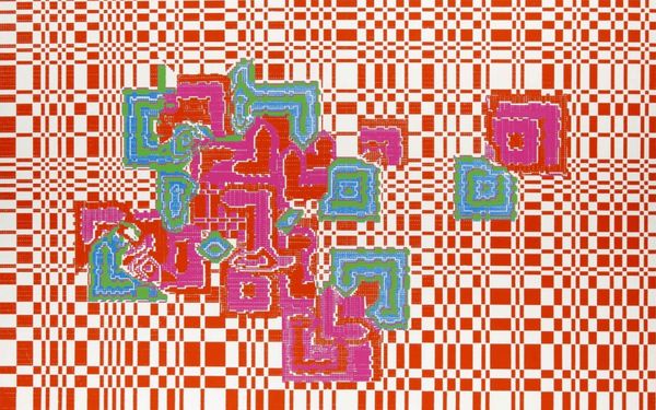 Immagine computerizzata con un pattern di rettangoli bianchi e rossi e forme irregolari verdi.