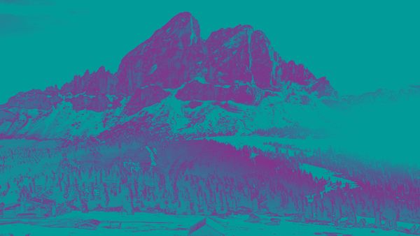 Baite, prati, boschi e montagne sullo sfondo. Veduta del Passo delle Erbe.