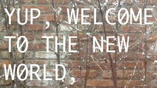 Un muro con scritta la frase: "Yup, welome to the new world."