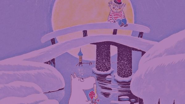 Il troll Mumin guarda Too-Ticki seduto sul ponte innevato (illustrazione)