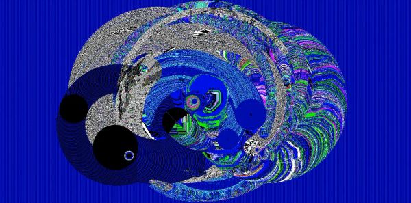 Immagine digitale astratta di tipo glitch, su fondo blu.