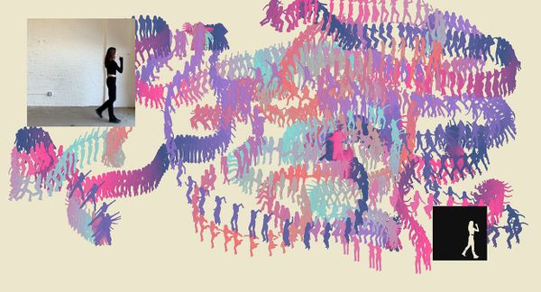 Sagome colorate in movimento e la fotografia di una ragazza vicino a un muro.