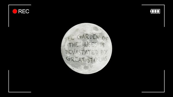 La luna, come se fosse ripresa da una videocamera. Sulla superficie è scritto: "The garden of the muse is devastated by great storms."