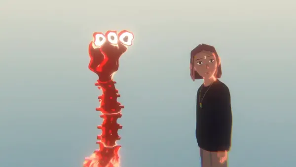 Una ragazzina e un essere vermiforme di colore rosso con tre occhi.