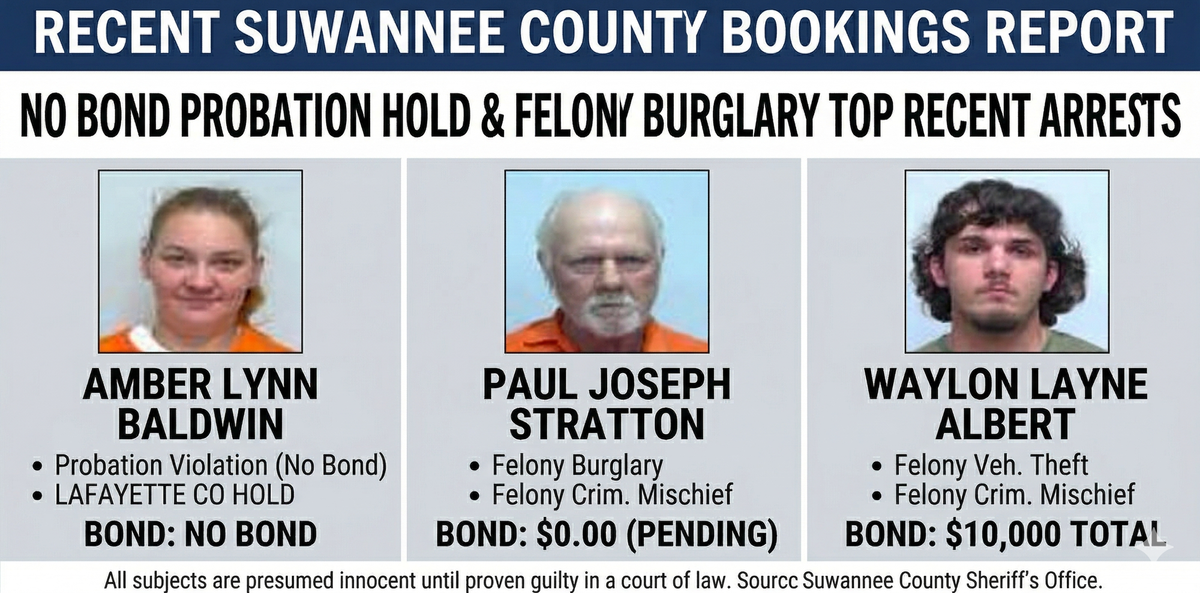Burglary and Vehicle Theft Charges Top Recent Suwannee County Sheriff’s Office Bookings