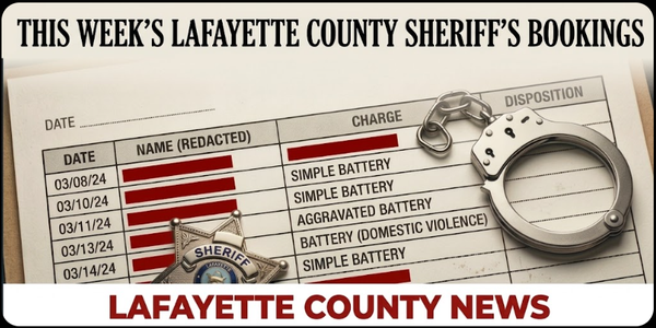 Lafayette County Weekly Arrest Report: March 23, 2026, through March 29, 2026