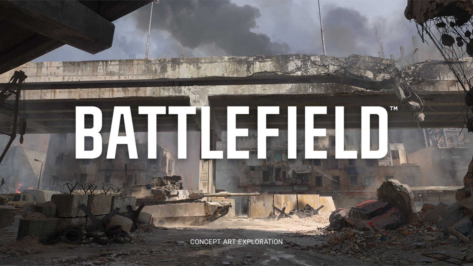 A tank drives by a decaying overpass in an urban environment. Fortifications and wreckage are littered about. The Battlefield franchise logo is centered in the image with the small text below: "Concept Art Exploration."
