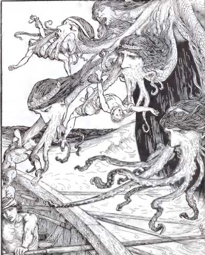 A creepy illustration of Scylla capturing sailors with its tentacles.