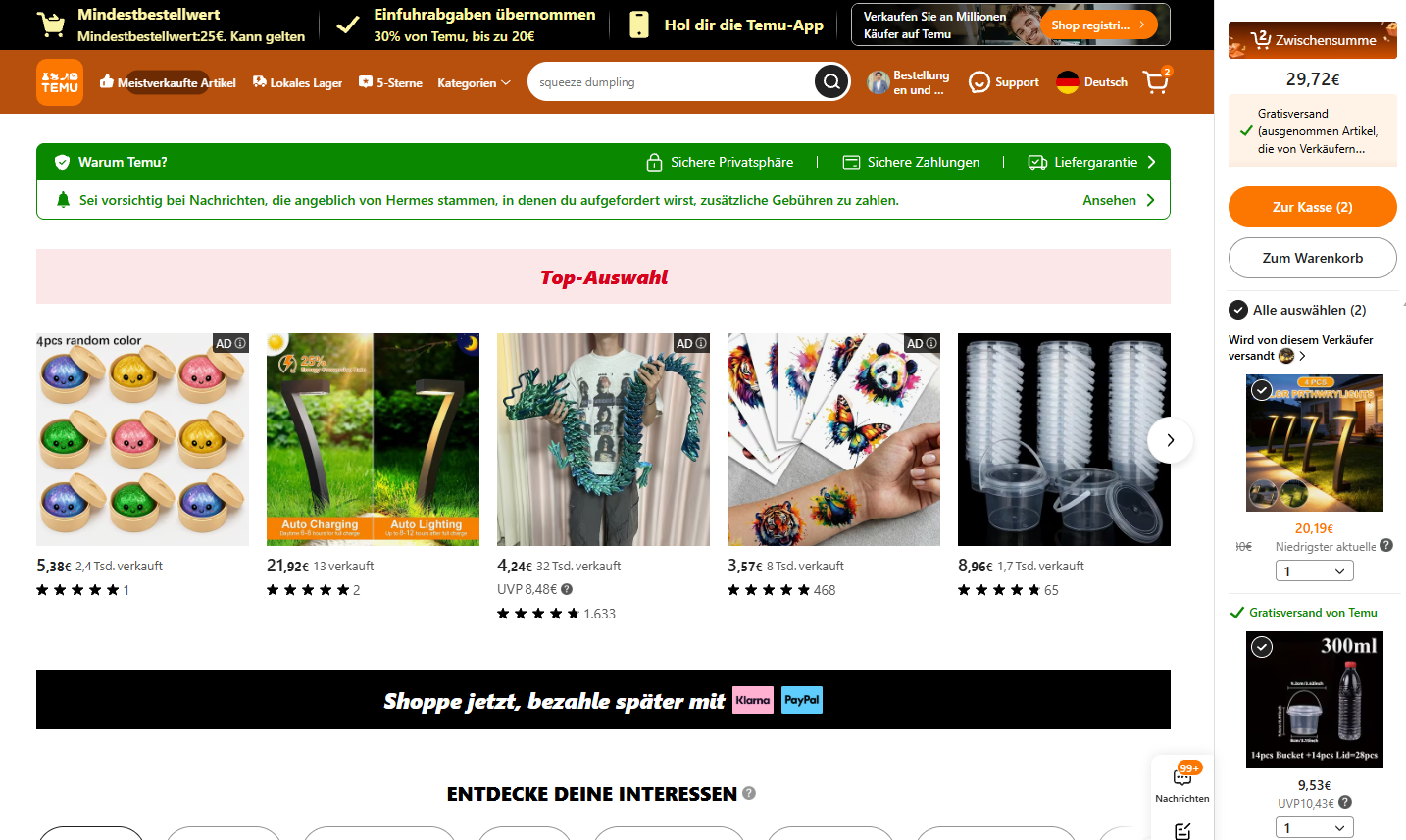 Temu Suche mit AD-Labels