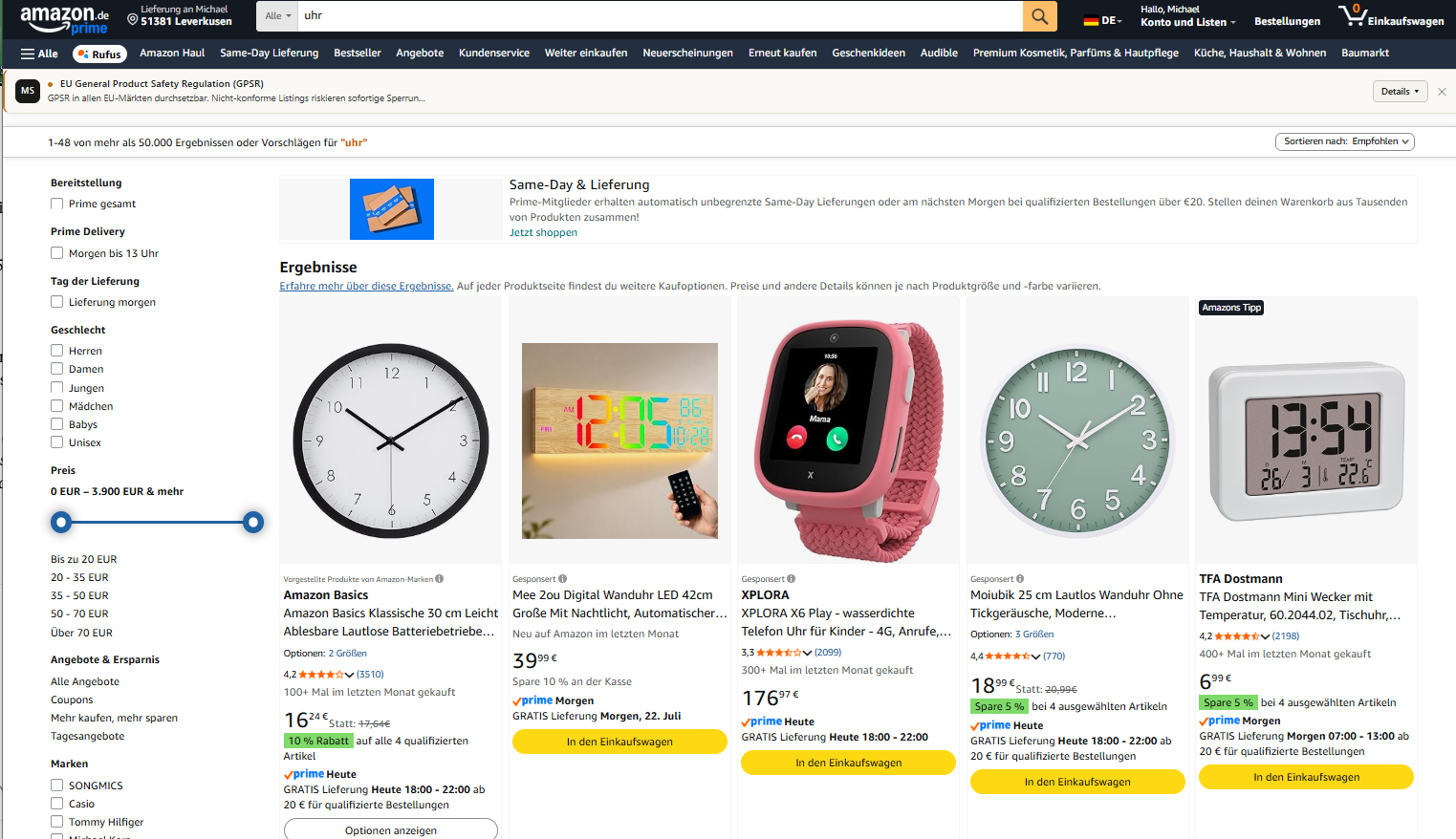 Amazon Suche uhr – GPSR Banner