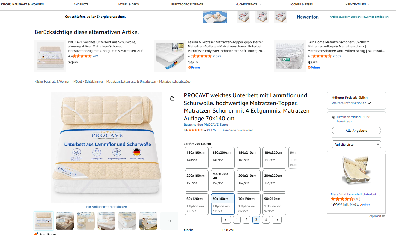 Amazon PDP mit Alternativartikeln