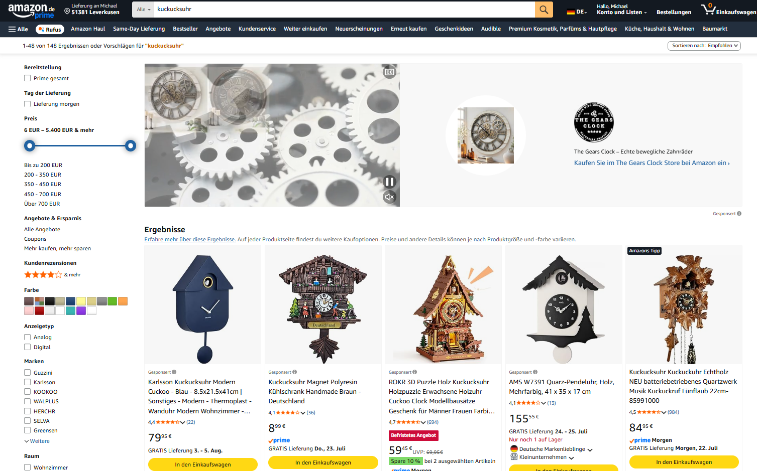Amazon Suche kuckucksuhr – kein GPSR Banner
