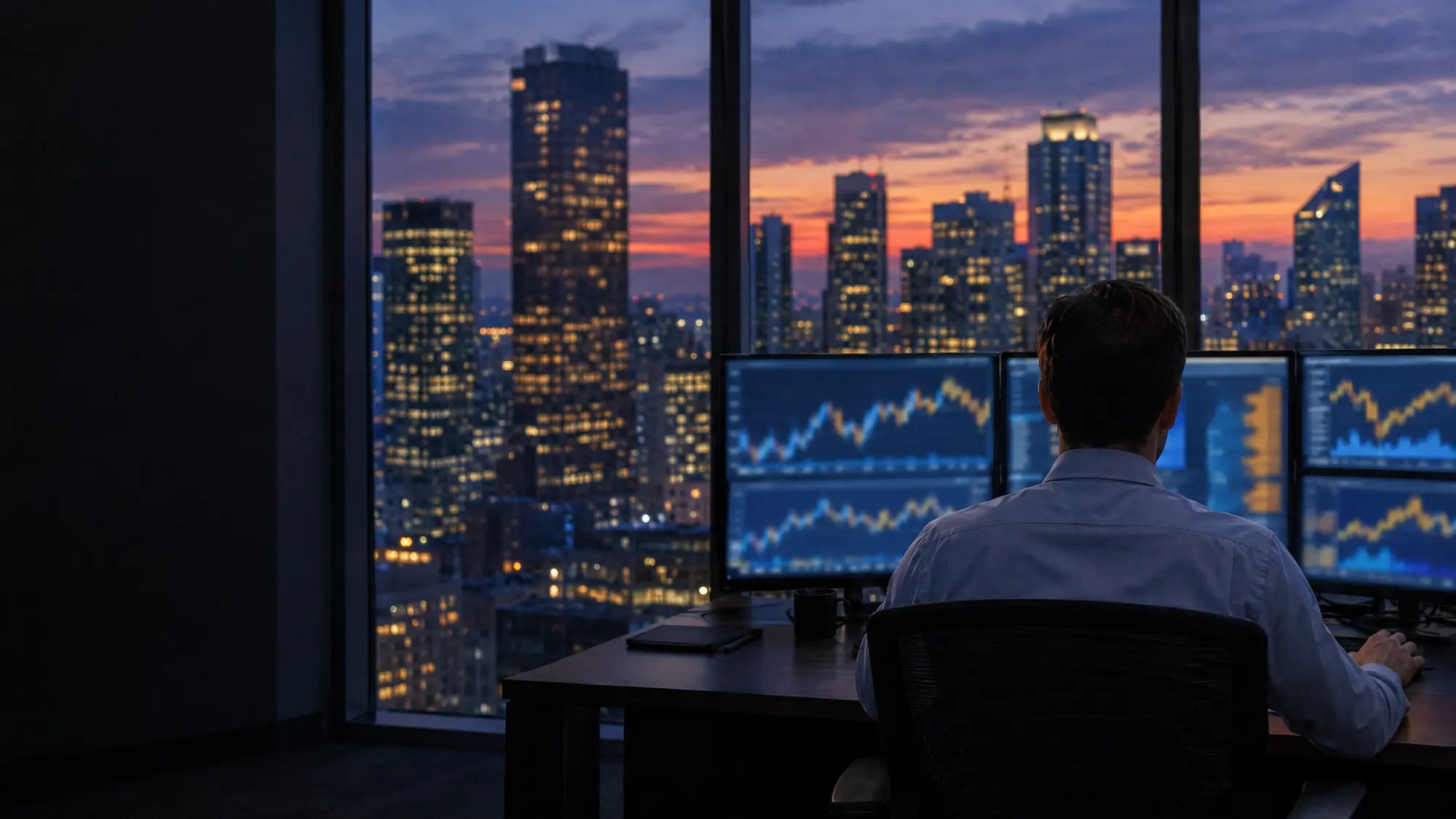 An analyst at a trading desk at dusk, with a city skyline beyond the windows