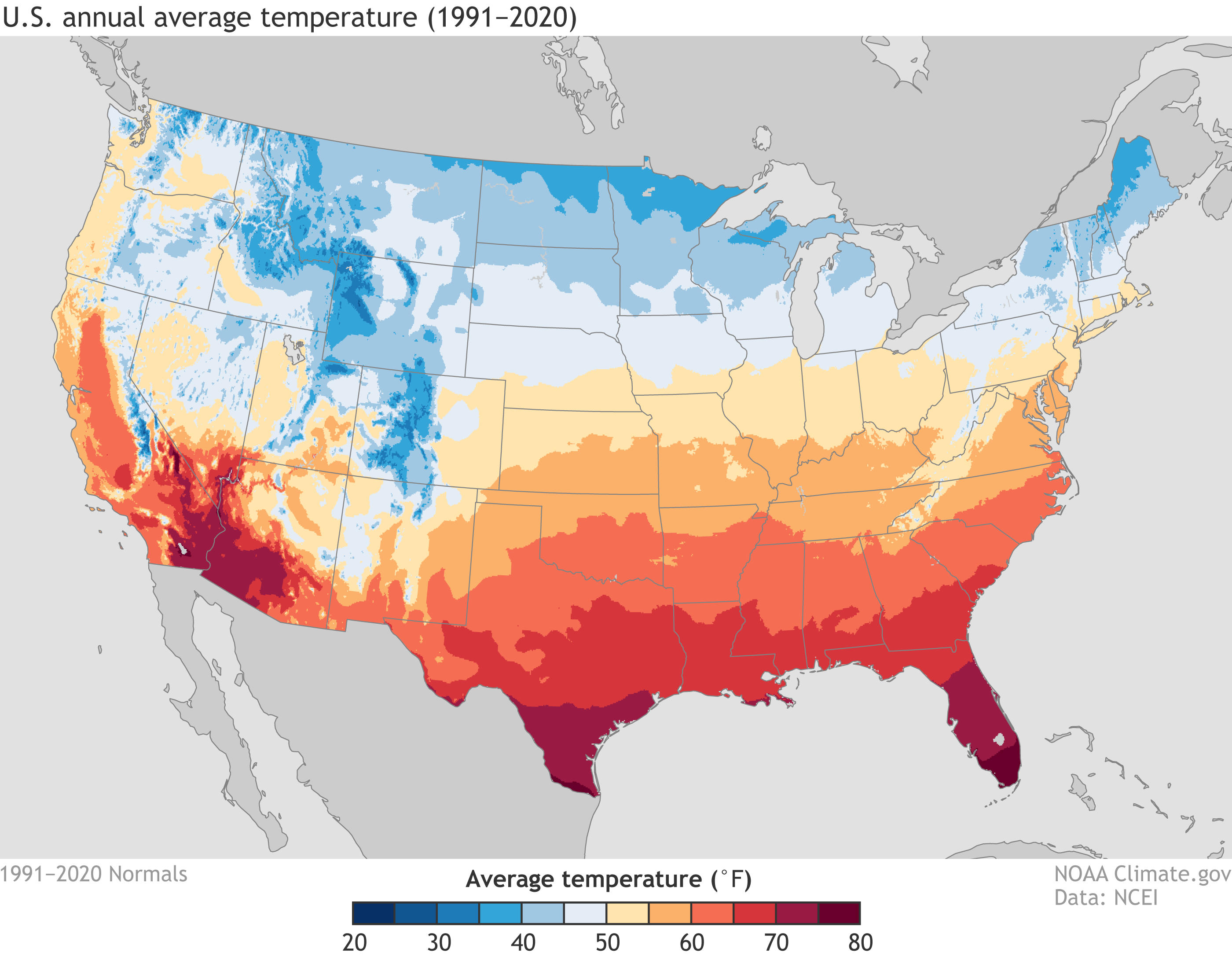 U.S. map of annual average temperature with a binned color ramp