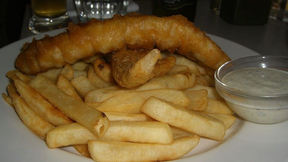 British Fish and Chips in Beef Dripping, cooked seed-oil-free with traditional fats