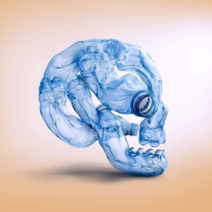 Skull made of plastic bottles symbolizing the deadly impact of plastic pollution