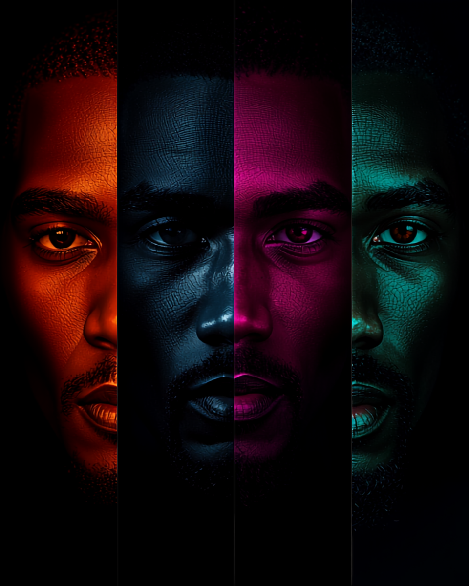 Split portrait of a man's face in four color-lit panels, orange, blue, magenta, and teal, eyes facing forward in each.