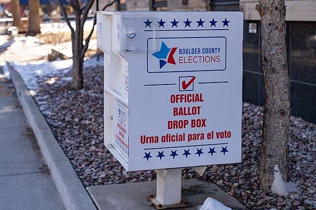 A Boulder County elections voting ballot drop box outside the Boulder County Courthouse in Boulder, Colorado.