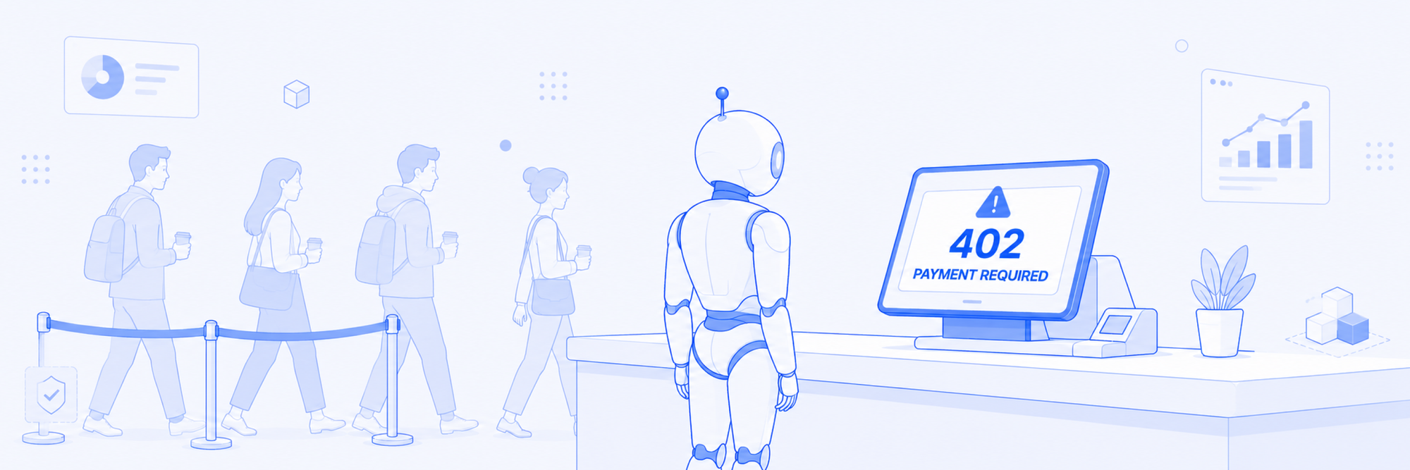 AI agent stopped at a checkout terminal showing HTTP 402 Payment Required while humans pass by, illustrating why agentic payments need the x402 pay-per-request protocol