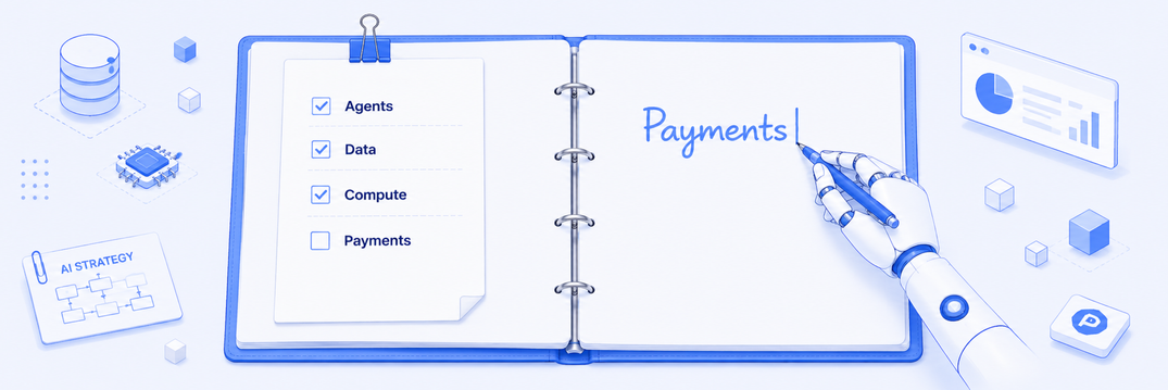 Enterprise AI strategy document with a blank payments chapter, illustrating the missing agentic payments layer x402 fills