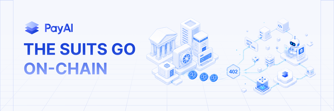 Illustration of TradFi institutions connected to an x402 agentic payments flow settling stablecoins over HTTP