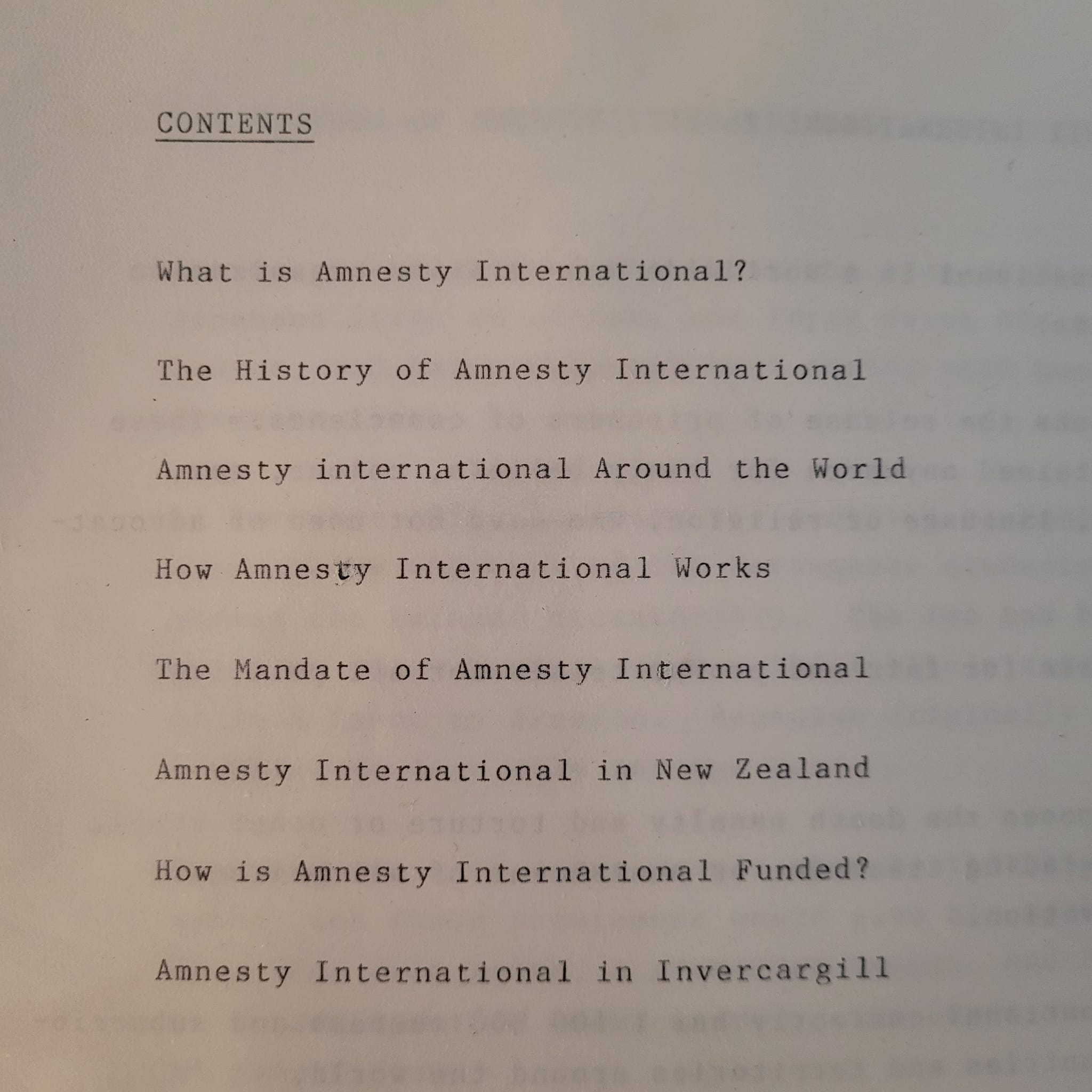 May be an image of text that says "CONTENTS What is Amnesty International? The History of Amnesty International Amnesty international Around the World How Amnesty International Works The Mandate of Amnesty International Amnesty International in New Zealand How is Amnesty International Funded? Amnesty International in Invercargill"