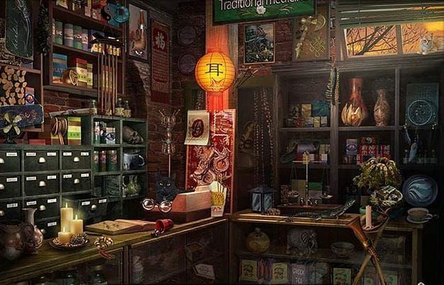 The crowded shelves of a magic shop. A paper lantern hangs in the centre, and around it, shelves and small draws are filled with a thousand different myserious Items. 