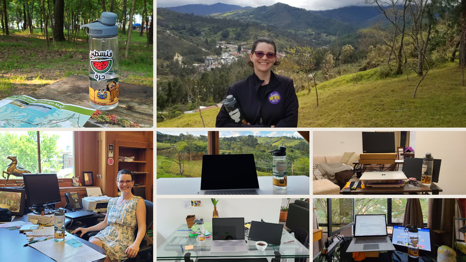 Sticker of "Free Palestine" with watermelon slice. Pic of me with bottle on a hike. 5 pics of desk set up with bottle.