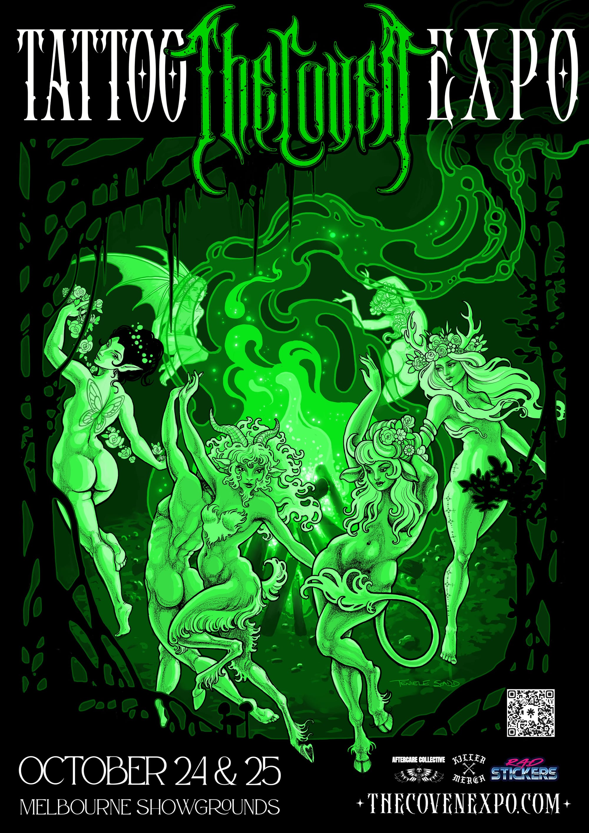 Green illustrated poster for The Coven Tattoo & Arts Expo, 24 and 25 October, Melbourne Showgrounds.