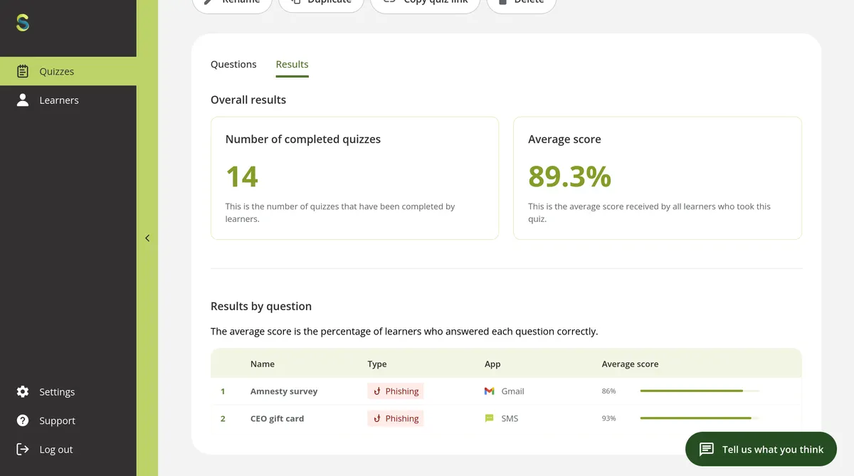 Screenshot of Shira showing results from a quiz