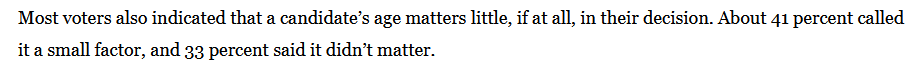 Screenshot from Boston Globe reads: Most voters also indicated that a candidate’s age matters little, if at all, in their decision. About 41 percent called it a small factor, and 33 percent said it didn’t matter.