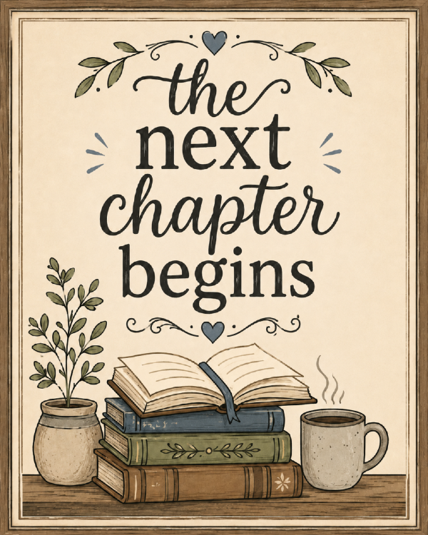 A "Live Laugh Love" style poster, except is reads "The next chapter begins"
