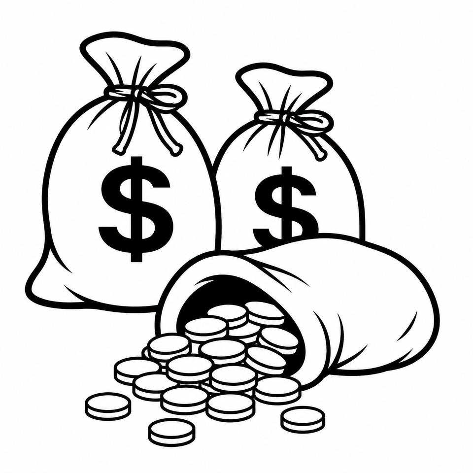 A few bags of money, one of which fell over and is spilling out.
