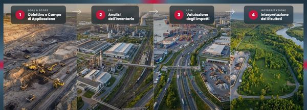 Vista aerea del ciclo di vita industriale — le 4 fasi della LCA dalla materia prima al fine vita