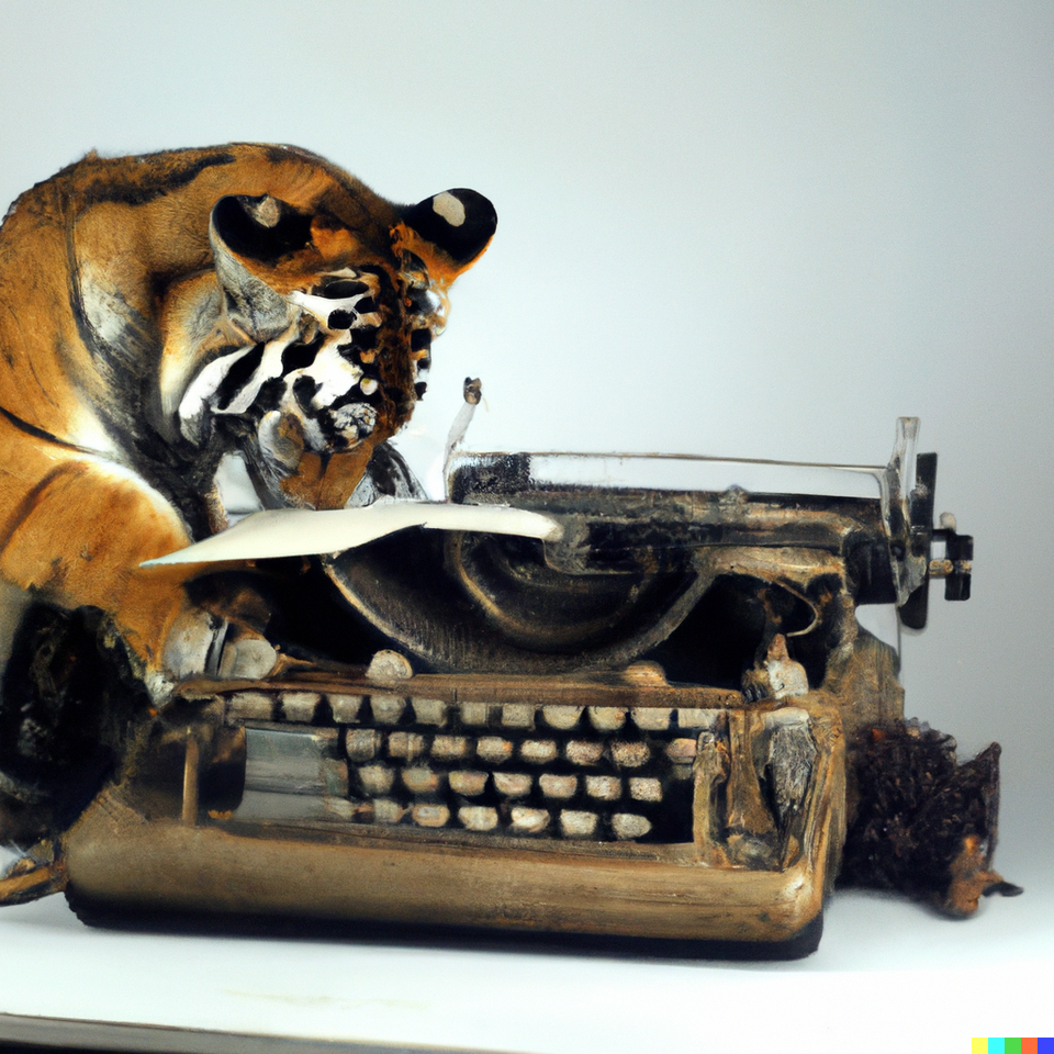 AI-generated drawing of tiger pawing a typewriter