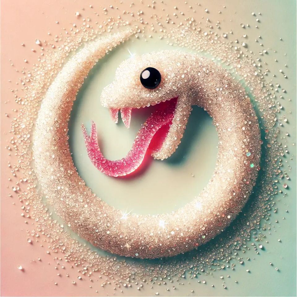 an ouroborus made of sugar crystals licking its own tail 