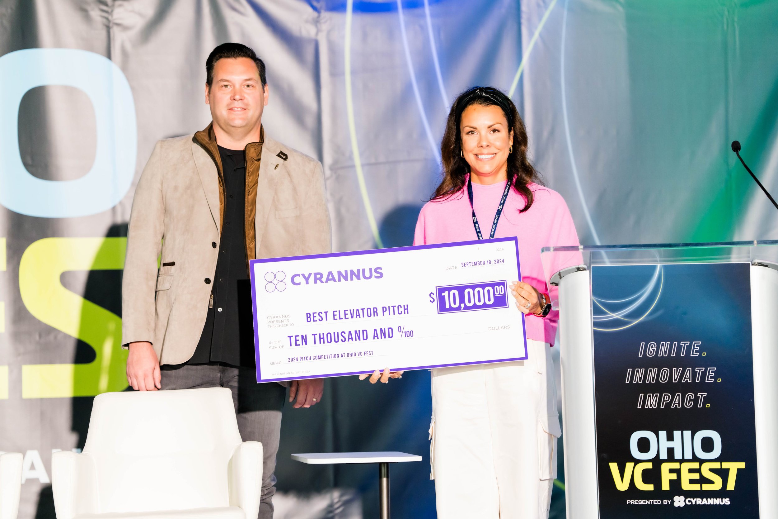   Becca Wenning of    Dressit.ai    won $10K in non-dilutive capital for the best elevator pitch; presented by Lee Mosbacker, CEO of Cyrannus.  