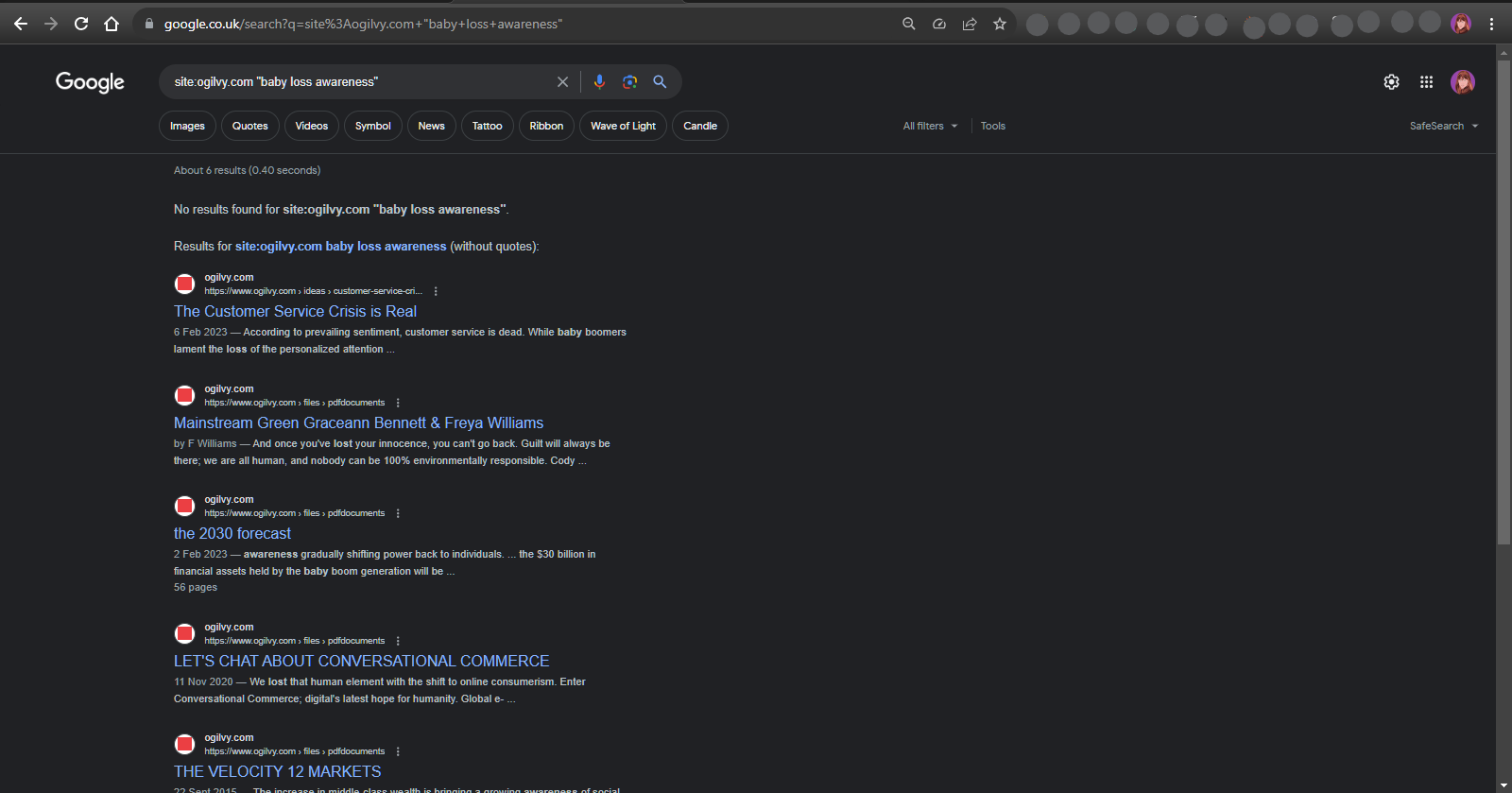 Google search of Ogilvy.com for “baby loss awareness” - No results