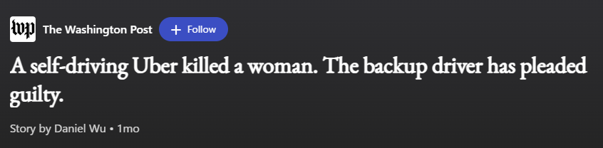 A self-driving Uber killed a woman. The backup driver has pleaded guilty.