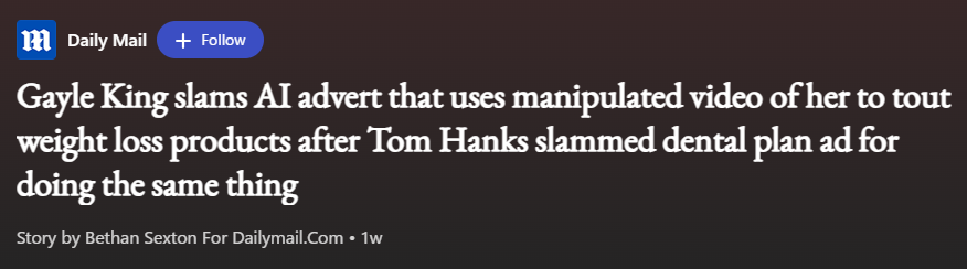 Gayle King slams AI advert that uses manipulated video of her to tout weight loss products after Tom Hanks slammed dental plan ad for doing the same thing