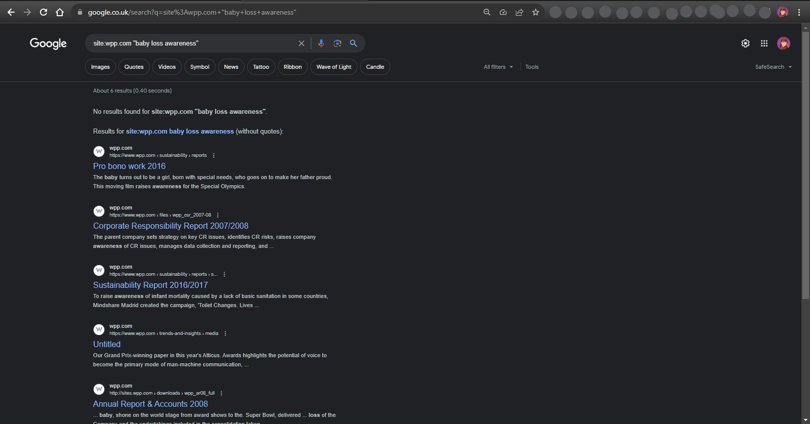 Google search of WPP.com for “baby loss awareness” - No results