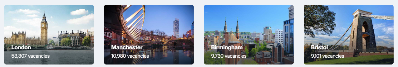 Screenshot taken 19 May 2025 from uk.jooble.org showing 53307 vacancies listed in London, 10980 vacancies listed in Manchester, 9730 vacancies listed in Birmingham, and 9101 vacancies listed in Bristol