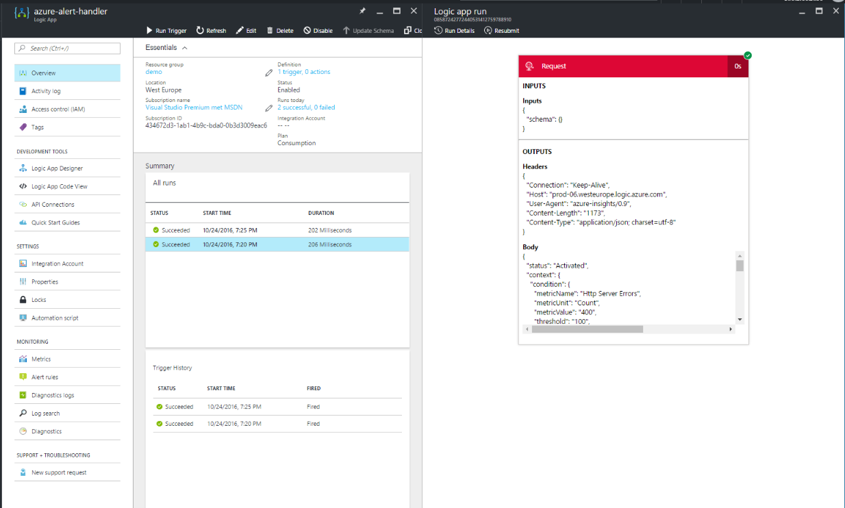 Viewing a Triggered Alert in Logic Apps History