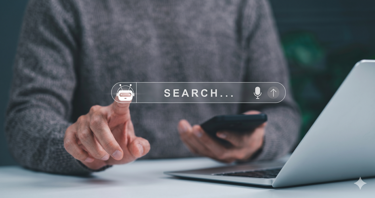 A professional interacting with an AI powered digital search bar interface.