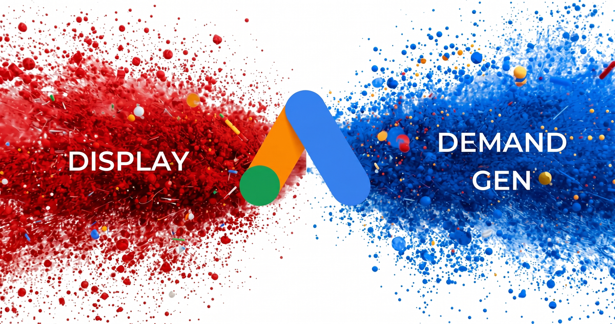 A graphic illustrating Google Ads, featuring a central "A" logo with "DISPLAY" in red particles on the left and "DEMAND GEN" in blue particles on the right.