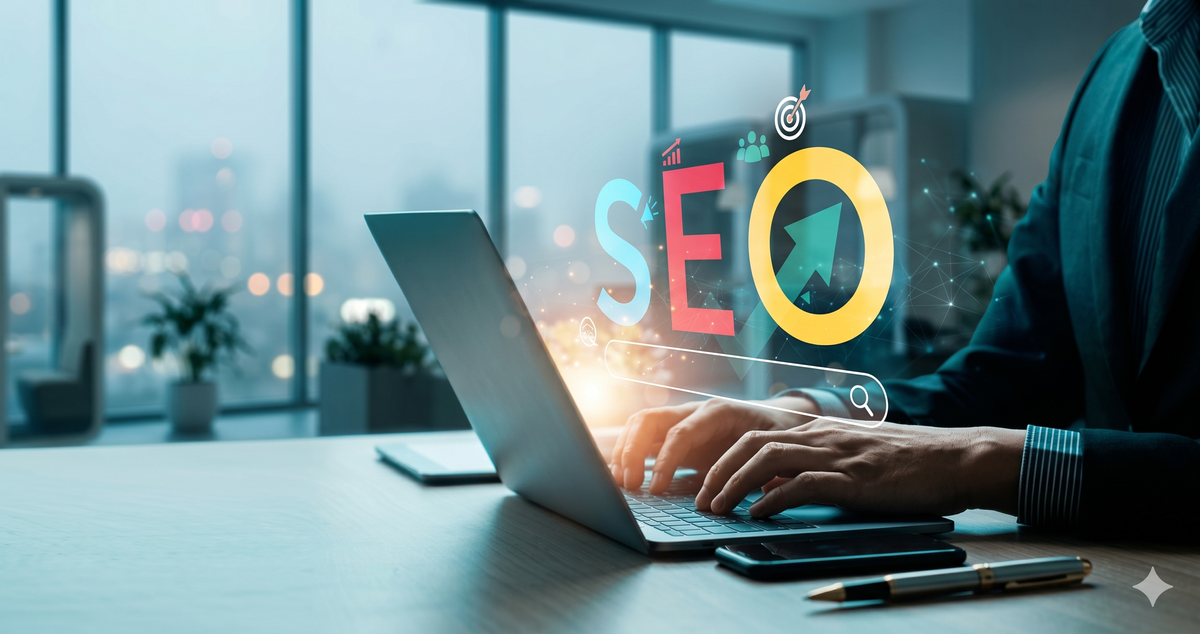 Professional typing on a laptop with a glowing, colorful "SEO" graphic and search bar rising from the keyboard in a modern office.
