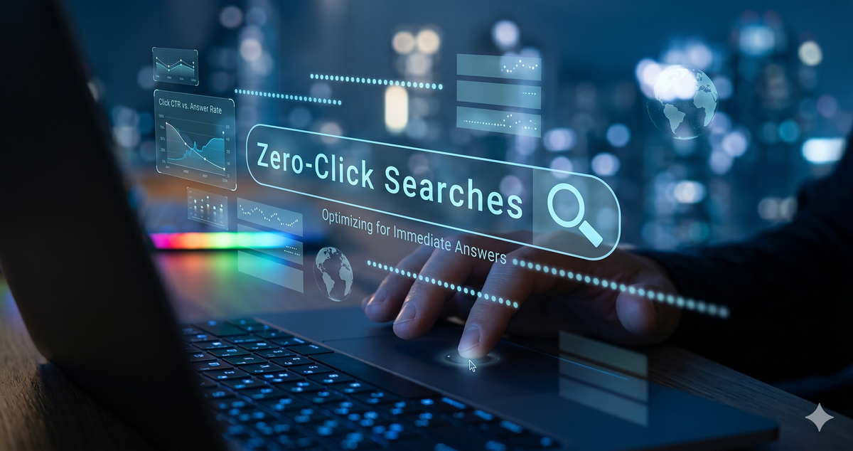 Holographic interface "Zero-Click Searches" concept on a laptop at night.