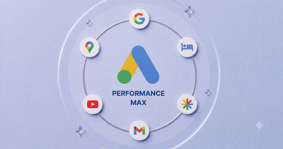 An infographic showcasing Google Performance Max, featuring its logo encircled by icons for Google Search, Maps, YouTube, Gmail, and Discover.