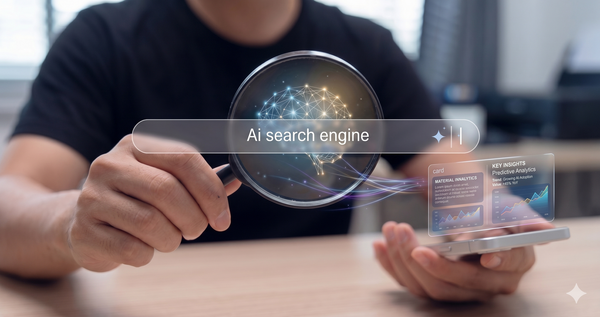 Person holding a magnifying glass displaying an AI brain search interface alongside a smartphone.